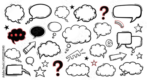A collection of hand-drawn speech and thought bubbles with question marks and stars.