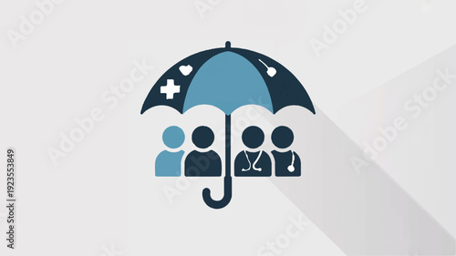 Modern icon design featuring people under a protective umbrella with medical cross