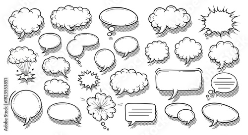 A diverse collection of hand-drawn speech bubbles and thought clouds in various shapes and sizes, perfect for comic books and graphic design.