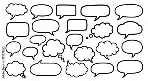 A collection of various empty speech bubbles and thought clouds in different shapes and sizes, outlined in black on a white background.