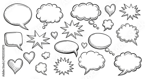 A collection of hand-drawn speech bubbles, thought clouds, and hearts in various shapes and sizes.