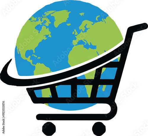 Shopping cart wrapped around a globe, flat vector, bold outline, blue and green theme, professional logo style.. in silhouette on white background.