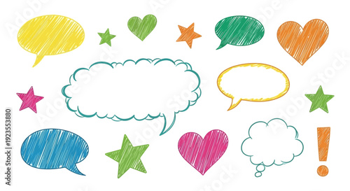 A collection of colorful hand-drawn speech bubbles, hearts, stars, and an exclamation mark on a white background.