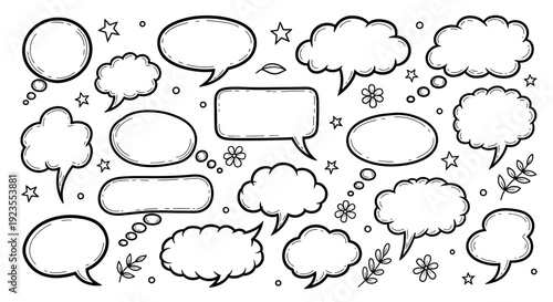 A collection of hand-drawn speech bubbles and thought clouds in various shapes and sizes, scattered across a white background with small decorative stars and flowers.