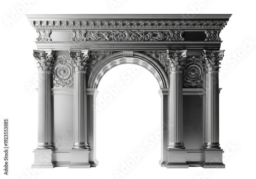 Monumental, symmetrical platinum architectural arch structure featuring ornate corinthian capitals and baroque relief scrolling, isolated on a white studio cyc wall. Concept of classical opulence