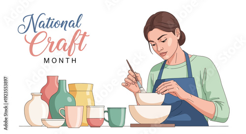 Woman painting a ceramic bowl with a brush in a workshop celebrating National Craft Month with various pottery pieces on a table.
