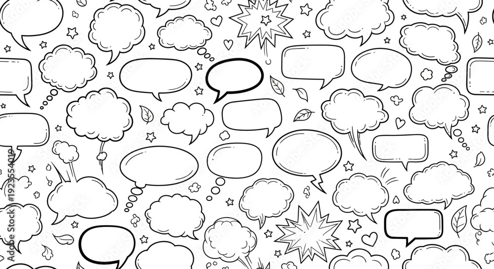 Fototapeta premium A seamless pattern of hand-drawn speech bubbles and thought clouds in various shapes and sizes, set against a white background with small star and leaf accents.