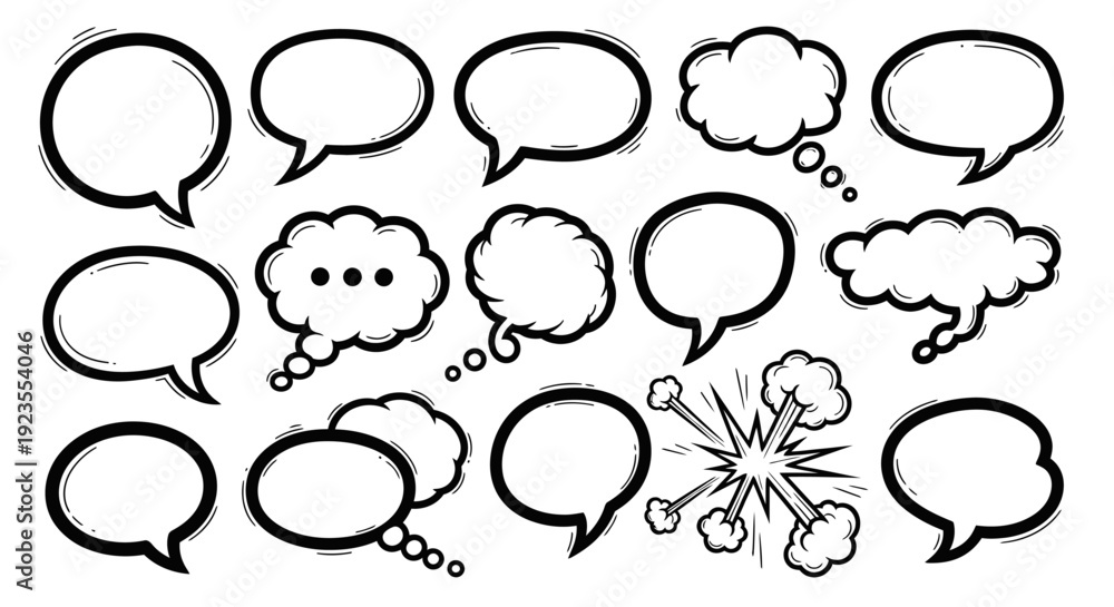 Fototapeta premium A collection of various hand-drawn speech and thought bubbles in black and white, suitable for comic strips and graphic design.
