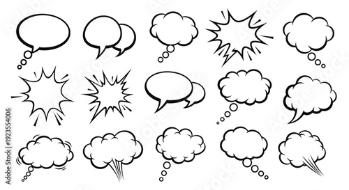 A collection of various comic book style speech and thought bubbles, including explosion shapes and cloud formations.
