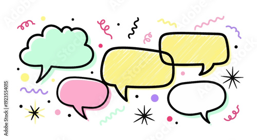 A collection of colorful, hand-drawn speech bubbles and confetti on a white background, representing communication and celebration.