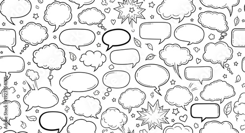 A seamless pattern of hand-drawn speech bubbles and thought clouds in various shapes and sizes, set against a white background with small star and leaf accents.