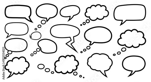 A collection of diverse hand-drawn speech and thought bubbles in various shapes and sizes.