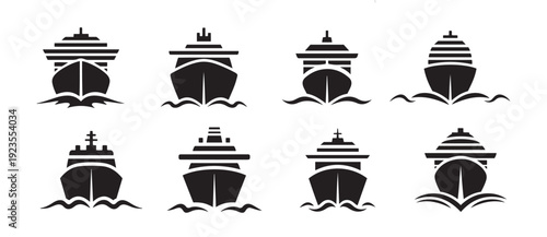 Set of Front View Ship Icons with Waves. Collection of Cruise and Cargo Vessels Silhouettes.