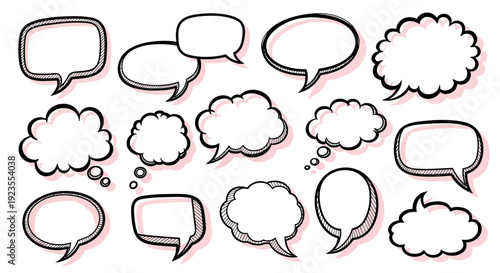 A collection of diverse hand-drawn speech bubbles and thought clouds in various shapes and sizes.