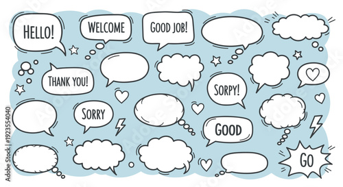 Collection of hand-drawn speech bubbles with various messages like hello, welcome, thank you, and good job, set against a light blue background with decorative elements.