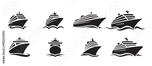 Collection of Cruise Ship Icons. Diverse Vector Illustrations of Luxury Liners Sailing on Water, Modern Maritime Transport Graphics.