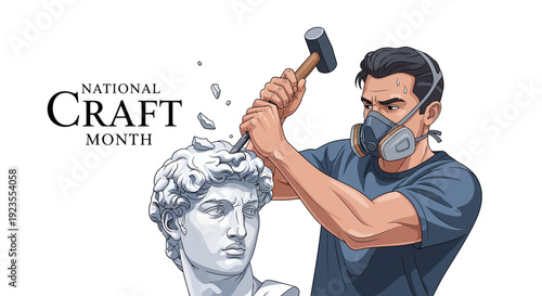 Illustration of a man chiseling a stone bust for National Craft Month with a hammer and safety mask.