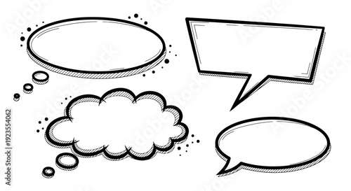 A collection of four distinct hand-drawn speech and thought bubbles with black outlines and dotted accents.