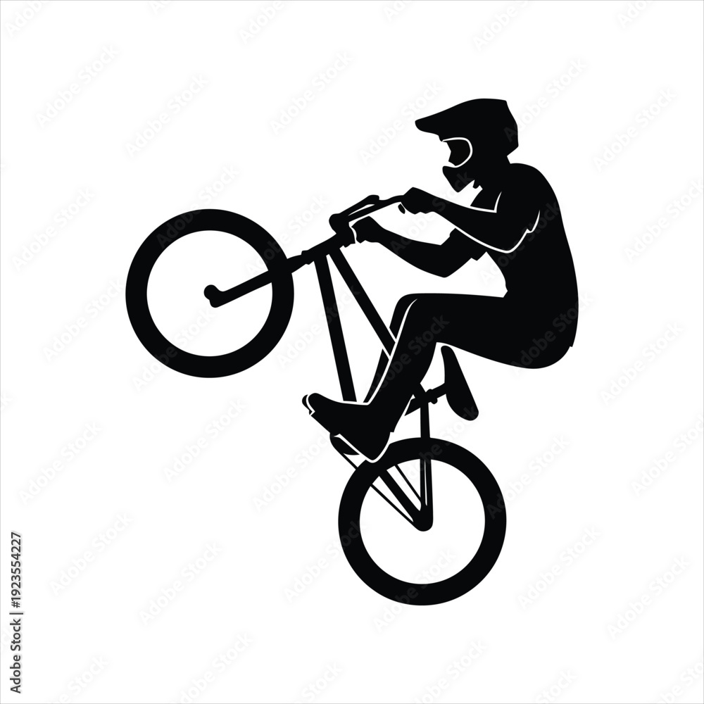 Fototapeta premium BMX Stunt in Silhouette: A dynamic silhouette captures a BMX rider executing a daring stunt, showcasing the adrenaline-pumping world of extreme sports.