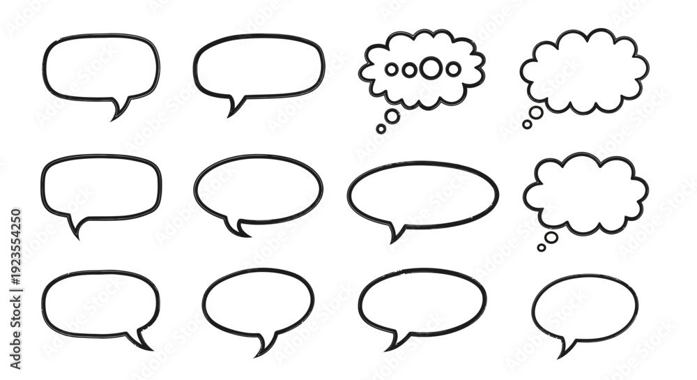 Fototapeta premium A collection of twelve different speech and thought bubble shapes in black outline on a white background.