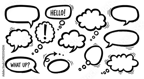 A collection of hand-drawn speech bubbles and thought clouds in various shapes and sizes, some containing text like "HELLO!" and "WHAT UP?".