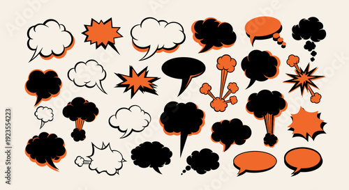 A collection of diverse comic book style speech and thought bubbles in various shapes and colors.