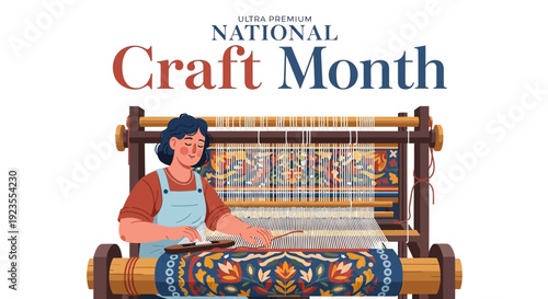 Illustration of a person working on a loom for National Craft Month with colorful weaving and traditional craftsmanship.