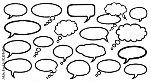 A collection of various speech bubbles and thought clouds in black outline on a white background.