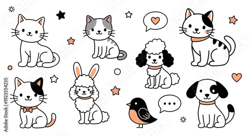 A charming collection of cute cartoon animals including cats, dogs, a poodle, a rabbit, and a bird, set against a white background with decorative stars and hearts.