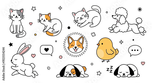 A charming collection of cute cartoon animals including cats, dogs, a rabbit, a chick, and a poodle, adorned with playful stars and hearts.