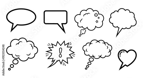 A collection of eight diverse speech and thought bubble icons in black and white.