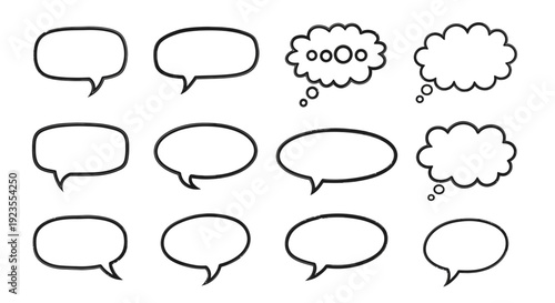 A collection of twelve different speech and thought bubble shapes in black outline on a white background.