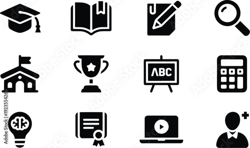 Education Learning Glyph Icon Set, School and Knowledge Solid Black Icons, Vector