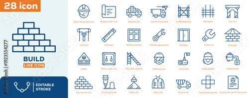 Build Construction Line Icon Set, 28 Building Tools and Equipment Icons, Editable Stroke Vector