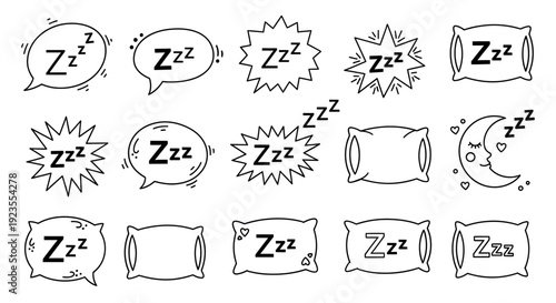 A collection of simple line art illustrations depicting sleep and rest, featuring 'Zzz' symbols, pillows, and a crescent moon with a sleeping face.