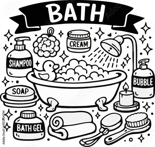 Bath Time Illustration with Toiletries.