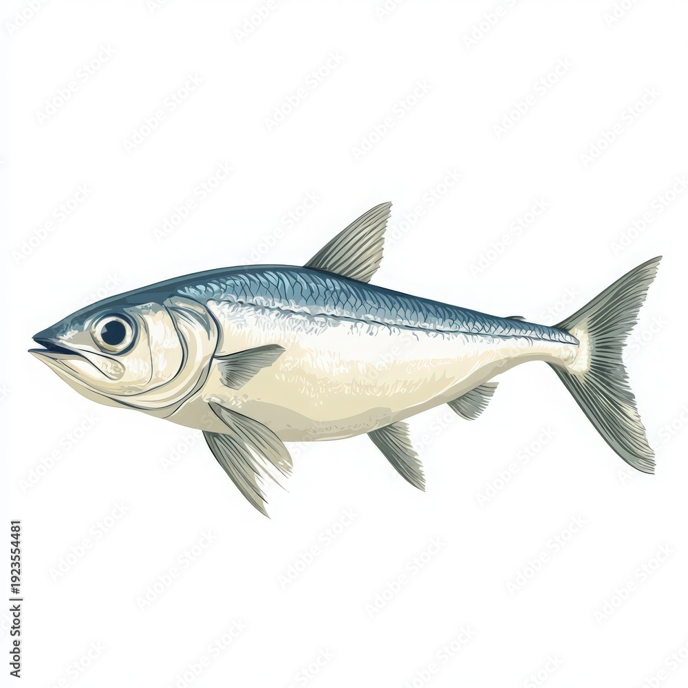 Fototapeta premium Sleek Silvery Sardine Illustration with Detailed Features and Realistic Texture on White Background