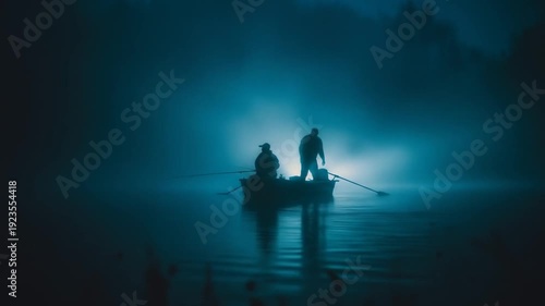 Silhouetted individuals rowing boat on water at night amidst fog