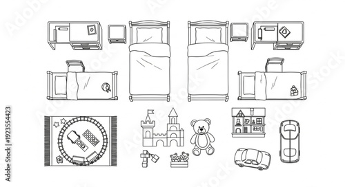 Detailed illustration of various toys and furniture, perfect for design.