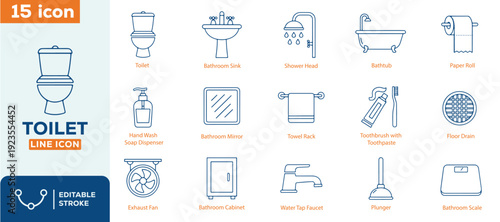 Toilet Bathroom Line Icon Set, Hygiene and Sanitary Elements, Editable Stroke Vector