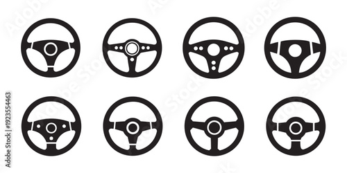 Collection of Modern Car Steering Wheel Vector Icons Set. for Automotive and Driving UI. On White Background.