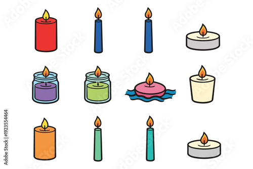 Collection of twelve colorful lit candles in various shapes and sizes flame fire