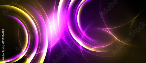 Abstract design features vibrant glowing curves, circles, lines against dark background. Dynamic energy radiates from central bright point.