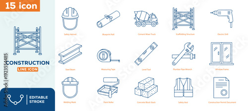 Construction Line Icon Set, Building Tools and Equipment Icons, Editable Stroke Vector
