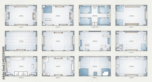 Detailed architectural floor plan layouts showcasing various room designs and arrangements.