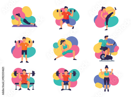 Diverse people exercising with weights and equipment on abstract colorful shapes