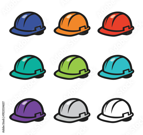 Nine colorful construction hard hats in a grid on white background safety helmet
