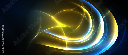 Bright abstract swirls, luminous curves, dynamic energy. Yellow, blue, white light radiates against dark backdrop. Modern design.