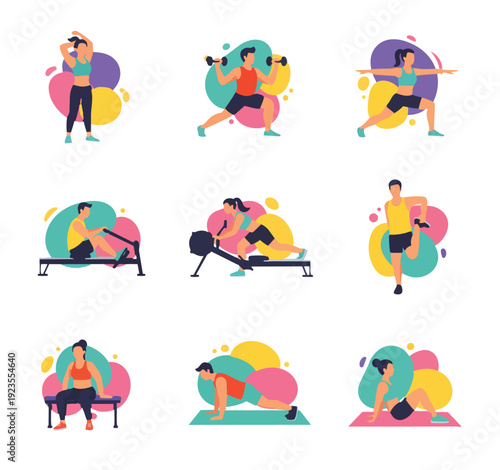 Collection of nine flat of people exercising exercise fitness workout health