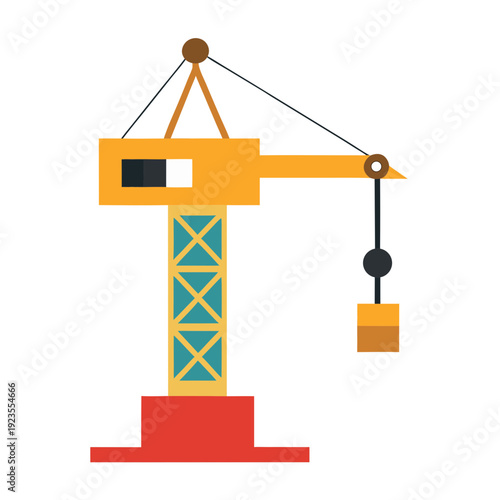 Yellow Tower Crane with Suspended Load, Flat Design Construction Site Machinery Illustration